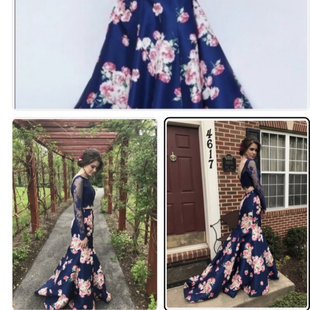 Sherri Hill Elegant Navy and Pink Floral Gown